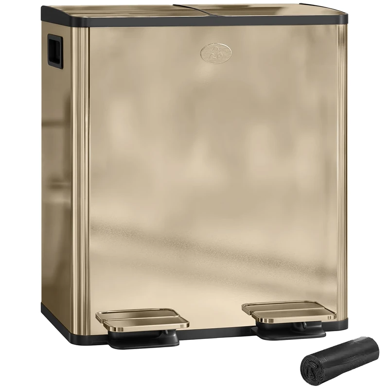 HOMCOM Dual Kitchen Bin, 2 x 20L Stainless Steel Double Rubbish Bin with Soft Close Lid, Removable Inner Buckets, Rubbish Bags, Fingerprint-Proof for Recycling and Waste, Gold Tone