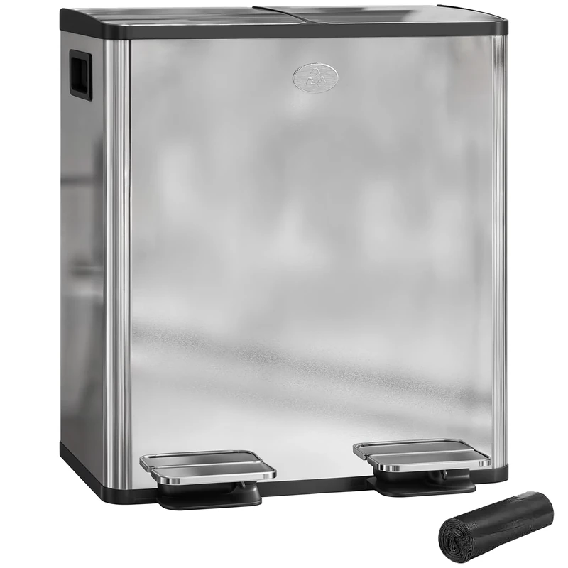 HOMCOM Dual Kitchen Bin, 2 x 20L Stainless Steel Double Rubbish Bin with Soft Close Lid, Removable Inner Buckets, Rubbish Bags, Fingerprint-Proof for Recycling and Waste, Silver Tone