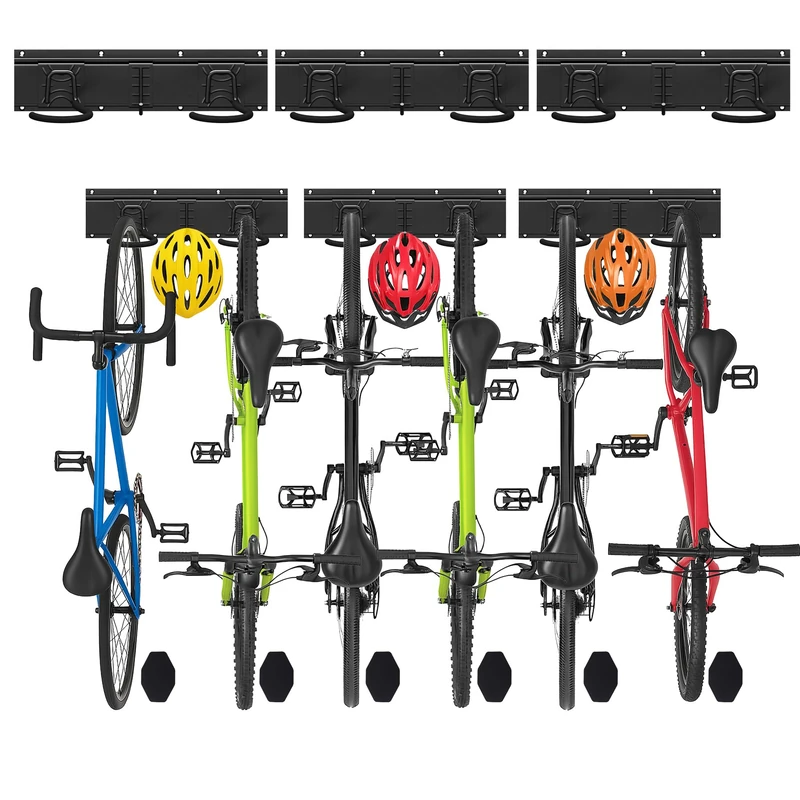 VOUNOT® Bike Wall Mounted Rack for 6 Bikes & 3 Helmets, Heavy-Duty Bike Hooks with 6 Anti-Stain Silicone Pads, for Garage, Home, Black