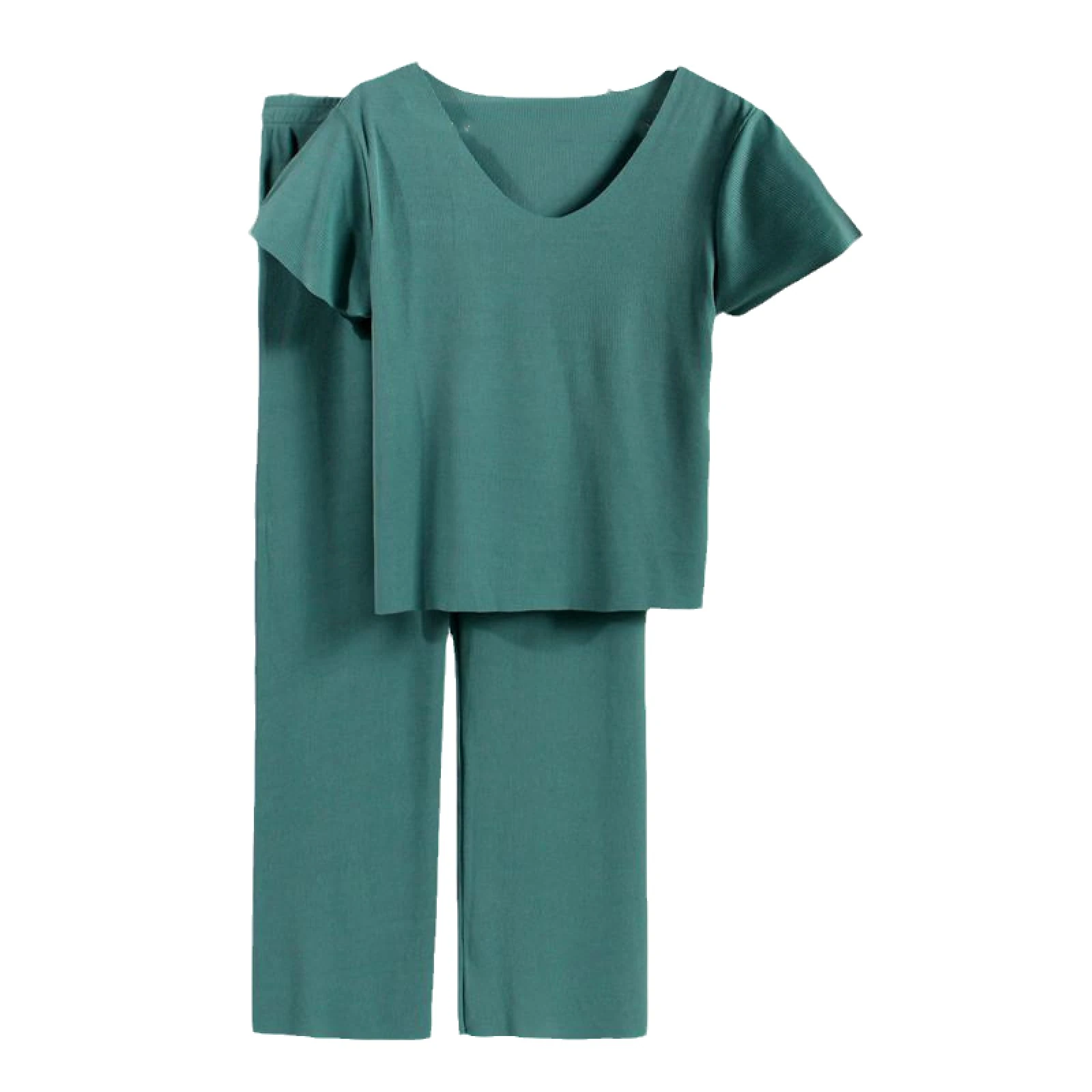 Women'S Pajamas Set - Summer Ice Silk Short Sleeve T-Shirt Women V-Neck Thin Home Sleepwear Casual Loose Wide-Leg Pants Outer Wear Two-Piece Set