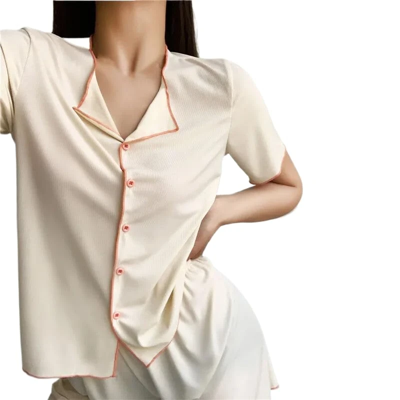 Women'S Pajamas Set - Short Sleeve Women V-Neck Ice Silk Thin Korean Style Sleepwear Set Loungewear Shorts 2 Piece Fashion Soft Nightshirt