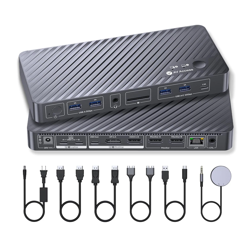 AV Access KVM Switch Docking Station for MacBook Desktop PC, USB C KVM Switch 2 Monitors 2 Computers, 4K Dual HDMI Displays, Plug&Play, Ethernet, 100W Power Delivery, EDID Emulation