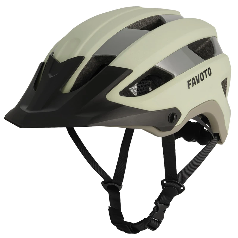 Favoto Lightweight Adult Mountain Bike Helmet - CE Certified Triple Protection Reinforced Removable Visor Breathable Adjustable Size L 59-61 cm Men Women Beige