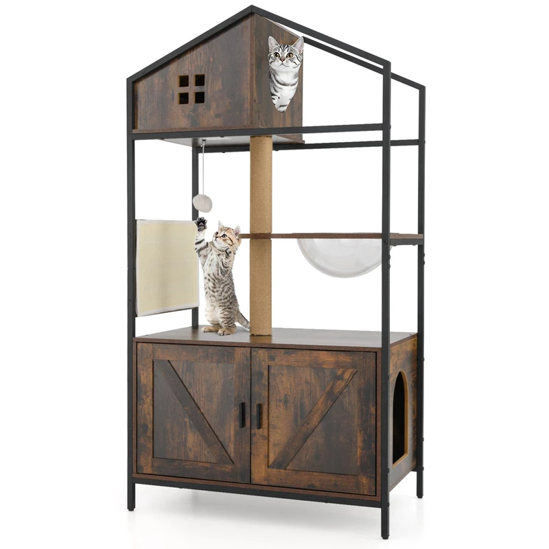 GYMAX Cat Tree with Litter Box Enclosure, Wooden Cat Tower with Sisal Scratching Posts & Pad, Space Capsule, Dangling Ball, Multi-Level Kitty Climbing Tower with Hidden Washroom for Indoor Cats