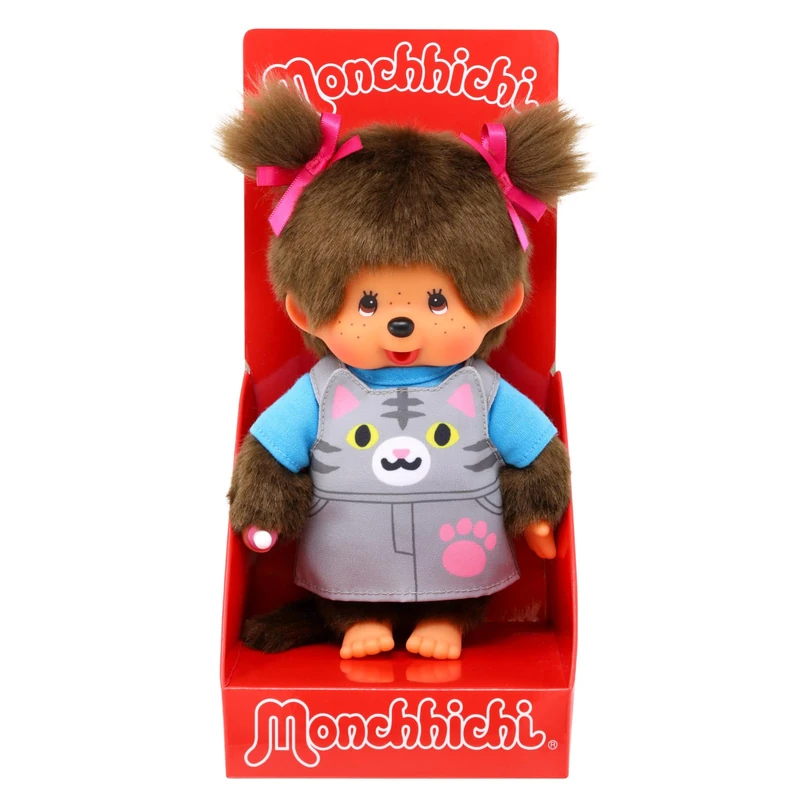 Sekiguchi 203895 Original Monchhichi Girl with Bib Dress and Cat Face Approx. 20 cm Cuddly Toy Brown Plush
