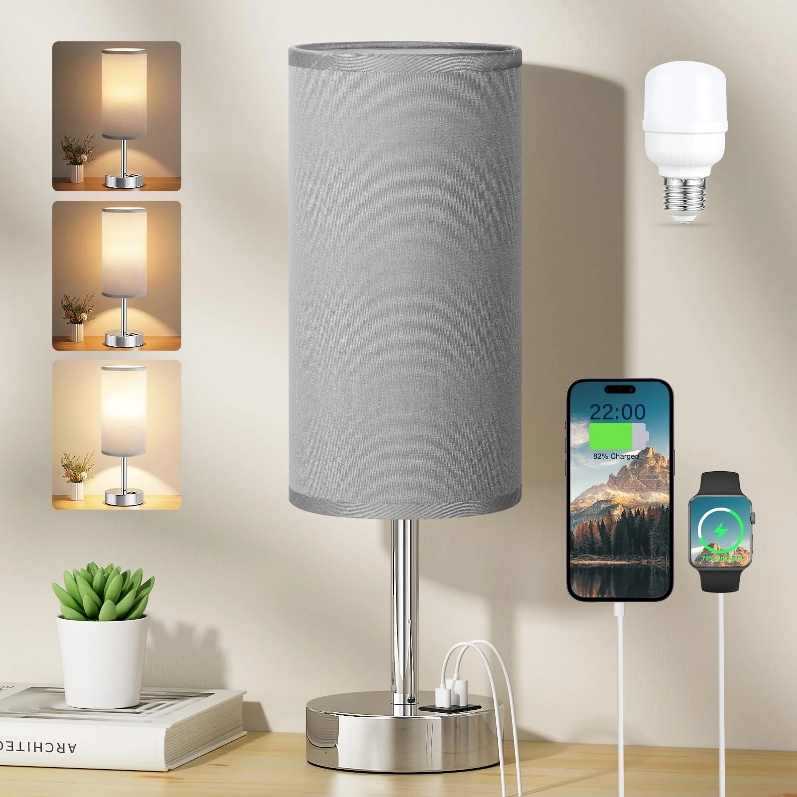Aooshine Touch Bedside Lamps, 3-Way Dimmable Table Lamps with Grey Shade, Silver Base(Bulb Included)