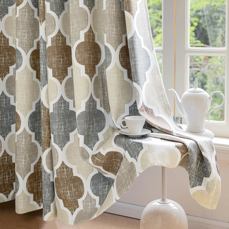 Beauoop 100% Blackout Curtains 72 Inches Long 2 Panels for Bedroom Living Room Brown Grey Moroccan Geo Room Darkening Thermal Insulated Soundproof Grommet Top Window Treatments Drapes, 50x72 Set of 2