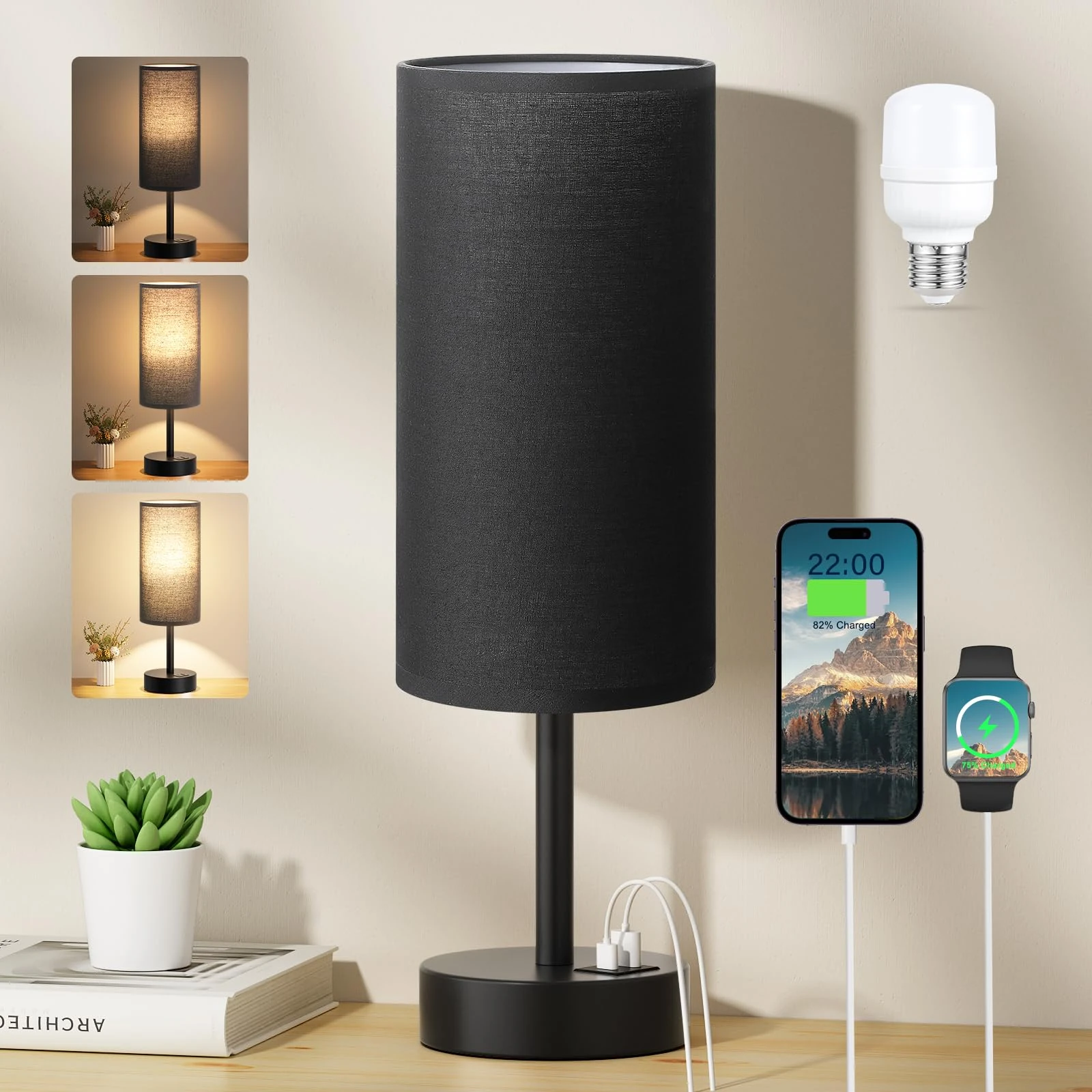 Aooshine Black Touch Lamp, Bed Lamp with USB-C+A Charging Ports, Black Metal Base(Bulb Included)