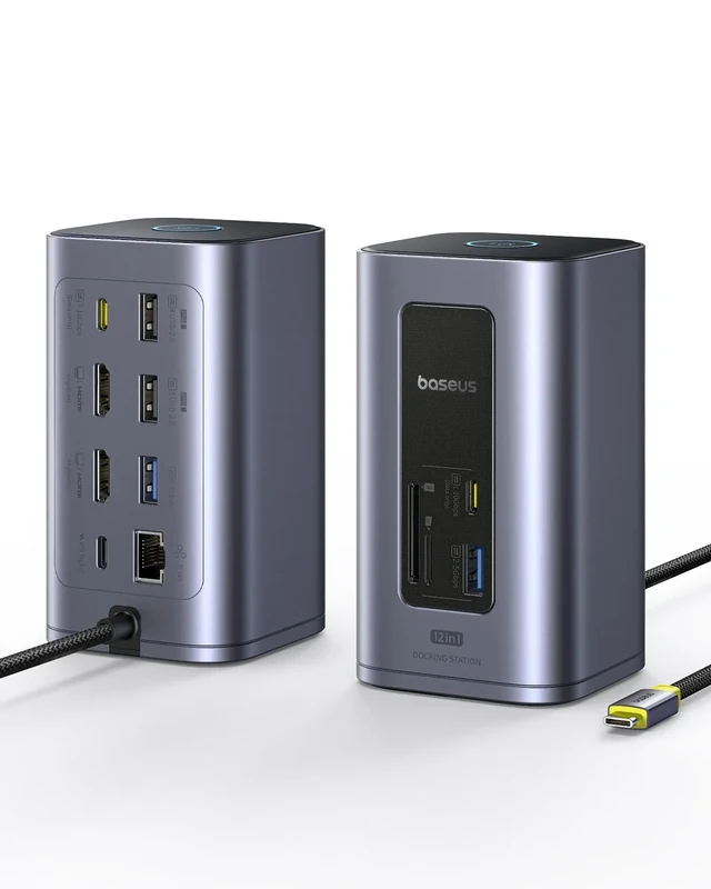 Baseus Docking Station USB-C, Nomos Air 12 in 1, Docking Station 2 Monitors, 2 x 4K HDMI, 10Gbps USB-C/A, 100W PD, Gigabit Ethernet, Compatible with Laptop Dell/HP/Lenovo/Asus/Acer/Mac