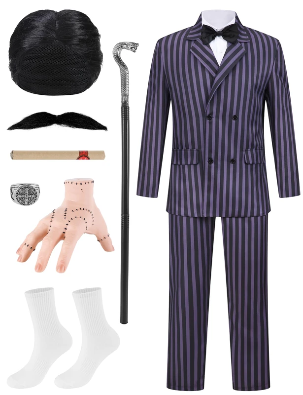 Padama Men Pinstripe Suit Costume Gangster Costumes Deluxe 11Pcs Set Striped Jacket Pants Halloween Cosplay Party Outfit, Black, XXXL
