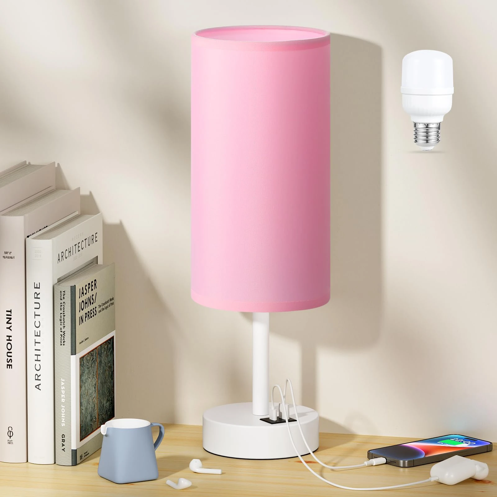 Aooshine Pink Bedside Lamps, Touch Bed Lamp with USB-C+A Charging Ports, White Metal Base(Bulb Included)