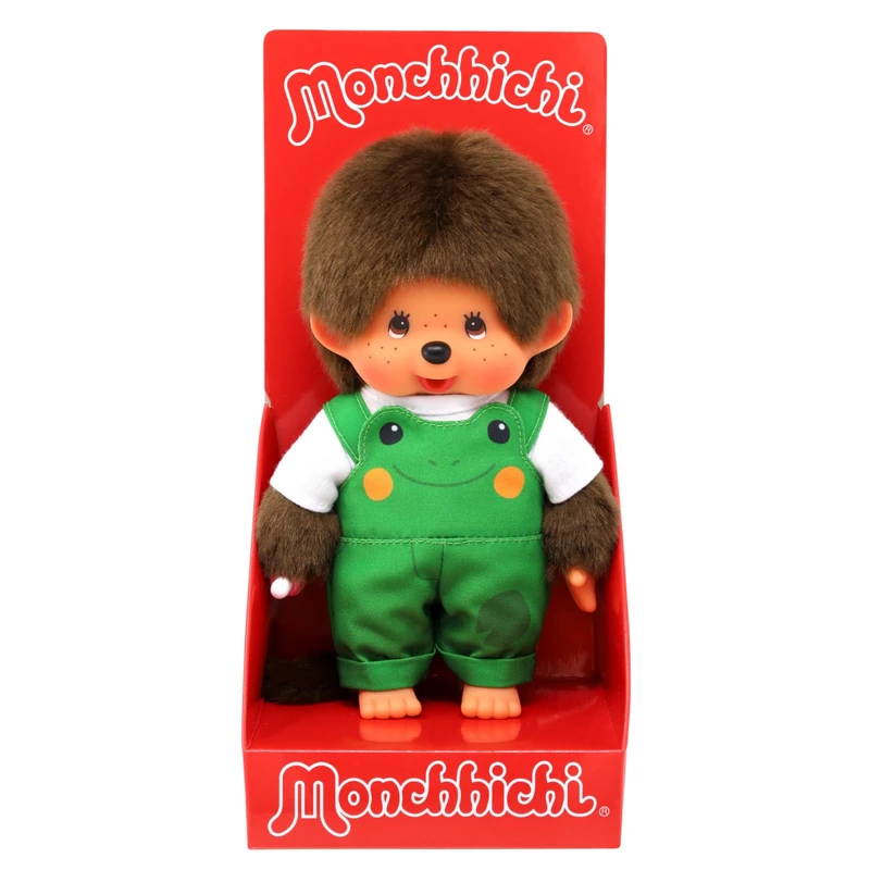 Sekiguchi 203871 Original Monchhichi Boy with Dungarees and Frog Motif, Approx. 20 cm Cuddly Toy Made of Brown Plush - Image 1