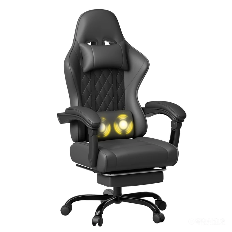 JUMMICO Ergonomic Massage Gaming Chair, Office Chair with Retractable Footrest, Vibration Lumbar Cushion & Headrest, 90-145° Reclining Backrest, 150KG Capacity, Black