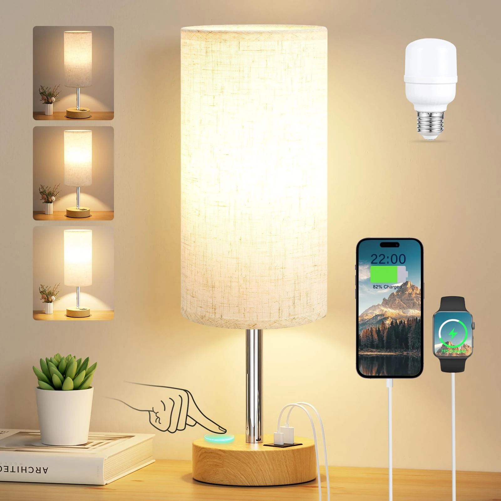 Aooshine Bedside Lamps, Table Lamp for Living Room Bedroom, Touch Lamps Bedside with USB A+C Charging Ports, Dimmable Small Lamp with Fabric Shade for Kids Room, Study, Dorm, Office(Bulb Included)
