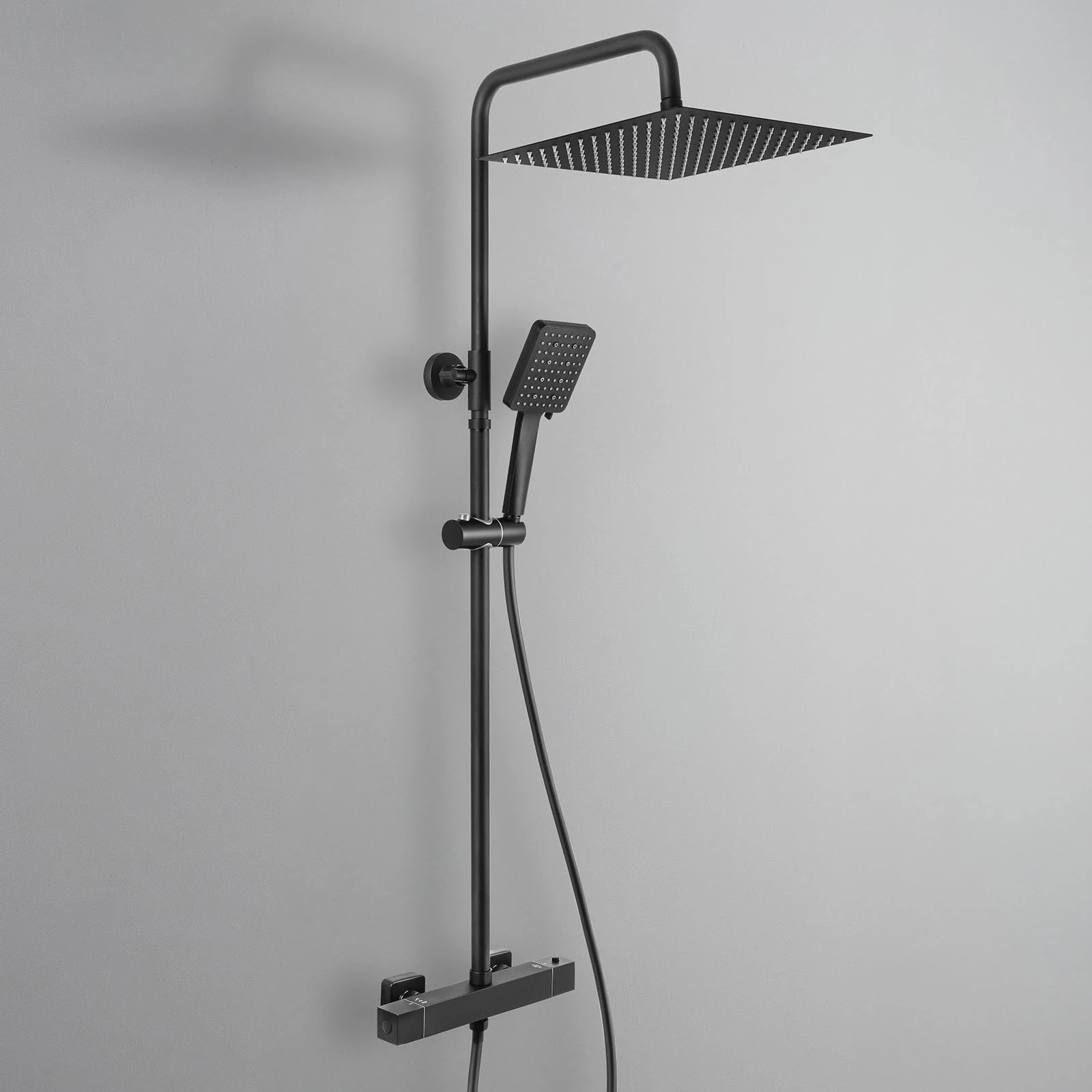 DERW Thermostatic Shower Mixer Set with 12" Square Rainfall Shower Head(304 Stainless Steel), 6 Modes Square Shower Head with Rotating Bracket, Anti-Leak Hose, Anti-Scald,Easy Install (Black)