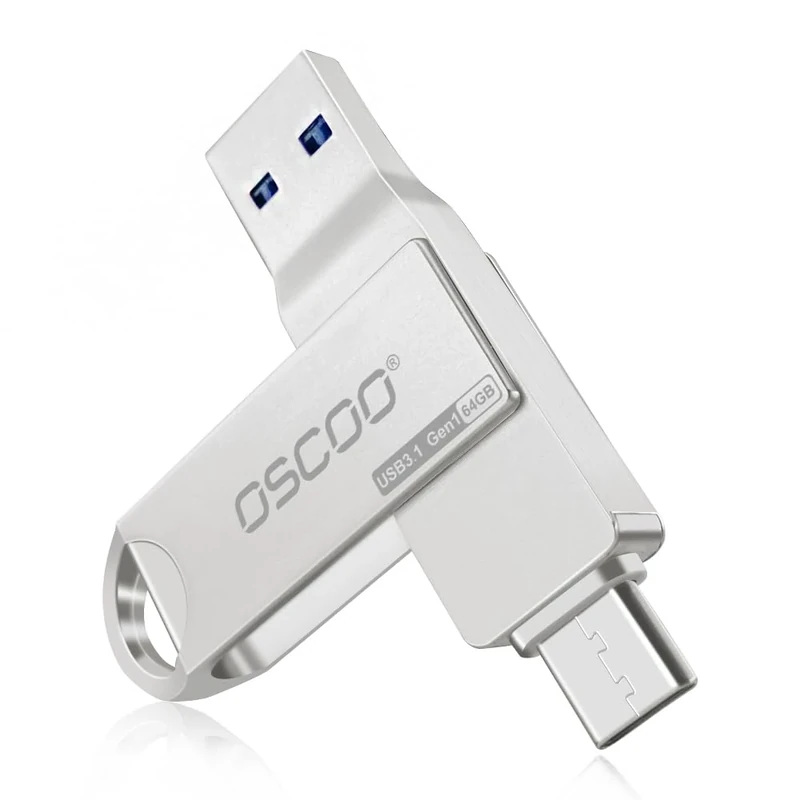 OSCOO 64GB USB Flash Drive, USB 3.1 Gen 1 Dual USB-C & USB-A Memory Stick, Portable Thumb Drive for iPhone 15/16/17, Mac, Android Phones, Tablets, Laptops, Mac, Windows – Photo & Video Backup
