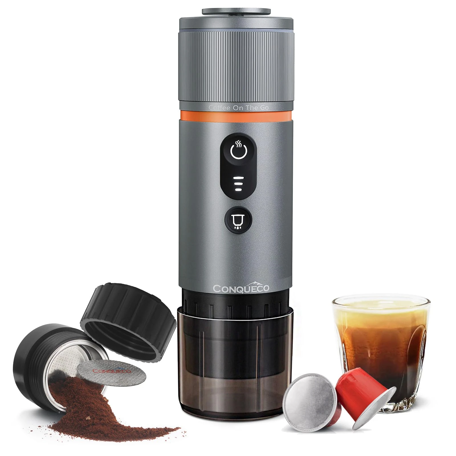 CONQUECO Portable Espresso Machine Travel: 12V Electric Coffee Maker with Battery for Camping - 2.5 Mins Self Heating - With Ground Coffee & NS Capsule for RV, Hiking, Office