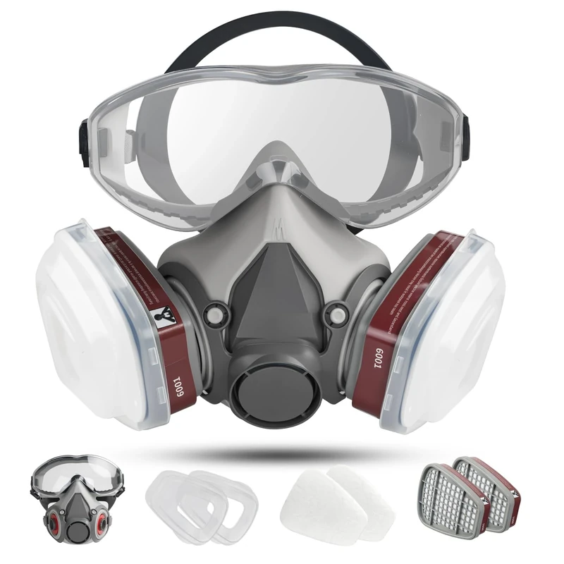 sykua Gas Mask with Safety Goggles and Filter, Respirator Mask Reusable Anti-Dust for Sanding,Building Work,Spray Painting,Chemical,Cutting,Machine Polishing,Woodworking, Agriculture