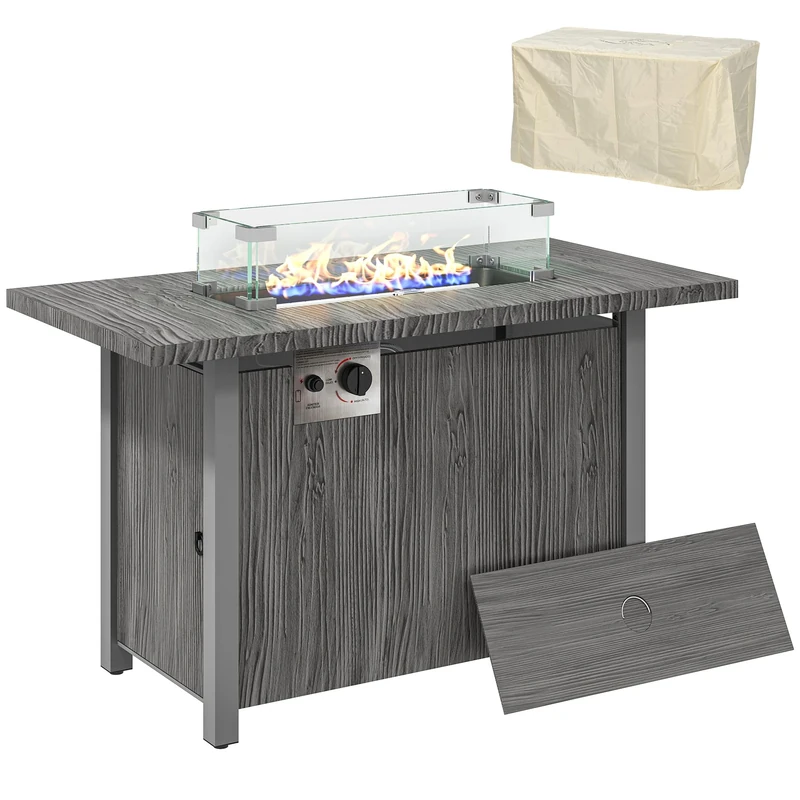 Outsunny Propane Gas Fire Pit Table for Garden, 50000 BTU Smokeless Firepit Outdoor Heater with Waterproof Cover, Glass Screen, Glass Beads and Lid, Wood Effect, 109 x 56 x 63cm, Dark Grey