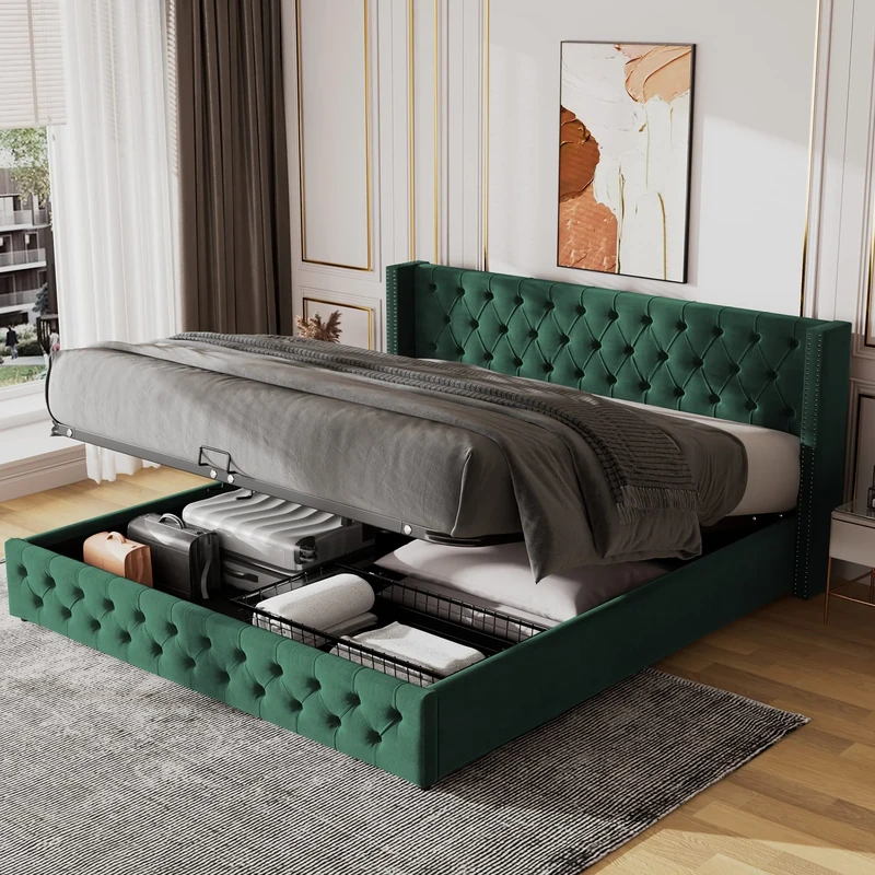 Ball & Cast High Back Upholstered Bed with Hydraulic Lever, Velvet Button Tufted Storage Bed-Frame with Nailheads & Slat Support, Mutil-functional Storage-Bed, 135x190cm, No Mattress, Green