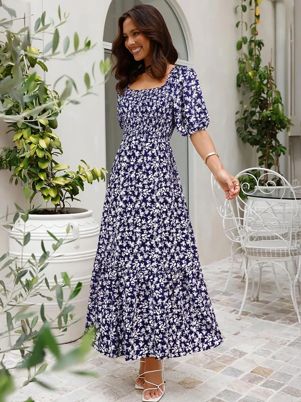Summer Boho Smocked Maxi Dresses for Women 2025 Casual Half Sleeve Square Neck A Line Tiered Ruffle Long Dress with Pockets, Navy Floral, X-Large