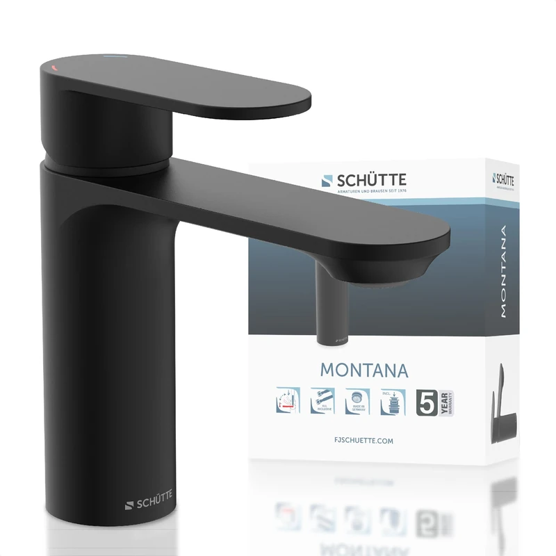 SCHÜTTE Montana 32316 Bathroom Basin Tap with Waste - Single-Lever Bathroom Mixer Tap with Pop-Up Plug - Black - Image 1
