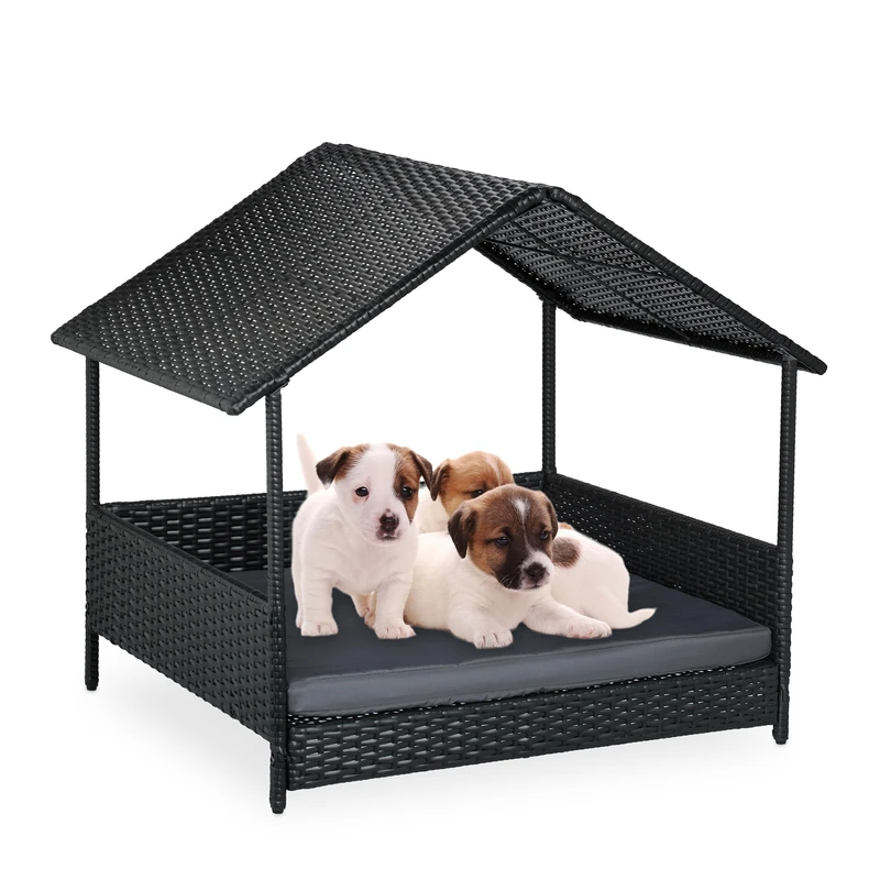Relaxdays outdoor dog bed with roof, HxWxD: 81 x 90 x 68 cm, polyrattan, raised dog lounger with cushion, anthracite