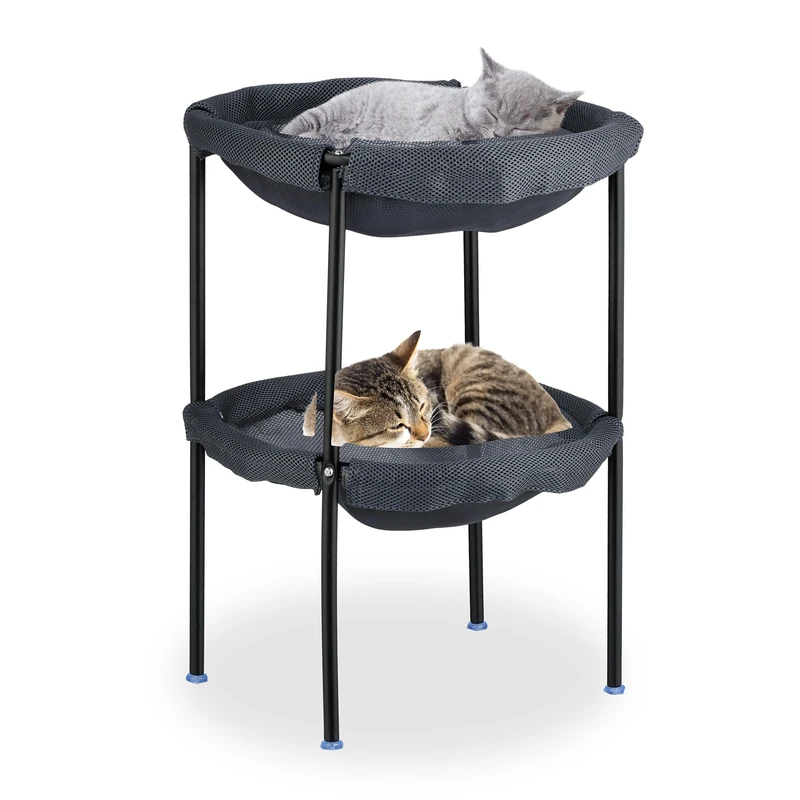 Relaxdays Cat Hammock Bed, Freestanding, 2 Tiers, Raised Perch, HWD: 59x41x43 cm, Mesh, Double Pet Lounger, Grey/Black, Steel, Polyester