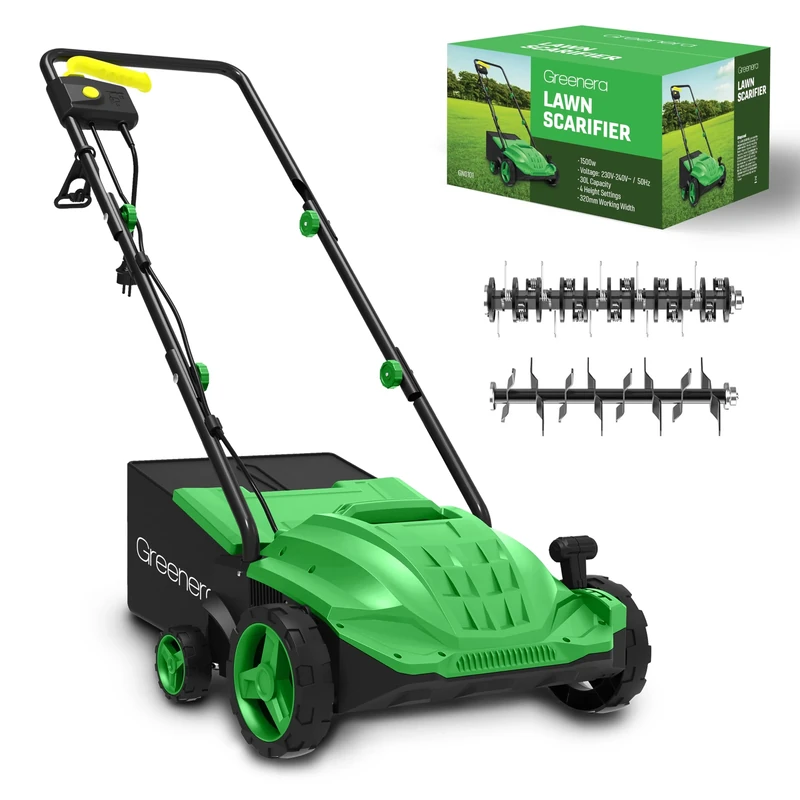 1500w Electric 1500w Electric Lawn Scarifier Aerator Lawn Rake 30L Collection Box 32cm Working Width 4 Adjustable Scarifying Heights 2 Interchangeable Rollers Foldable Handles 10M Cable Length