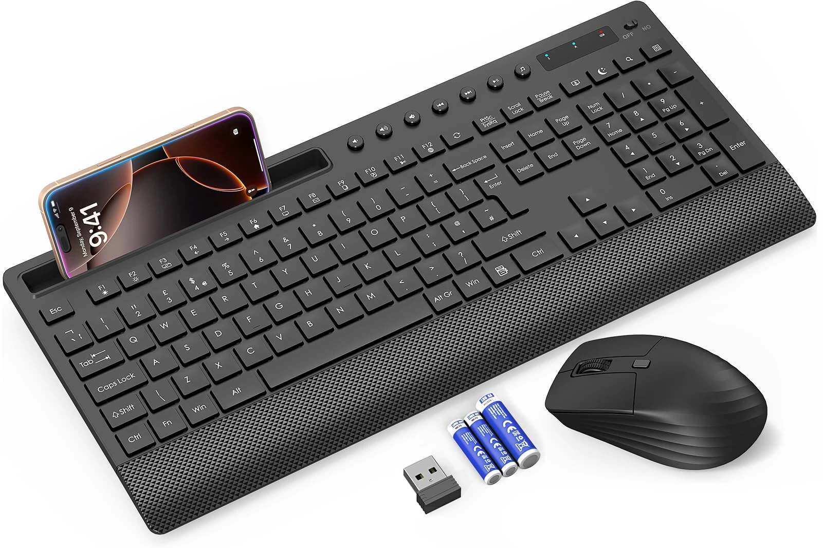 Wireless Keyboard and Mouse Combo, Full-Size 2.4GHz Quiet Keyboard with Wrist Rest, Phone Holder, Multimedia Keys, Power Switch, Cordless Set for Windows, Chrome OS, PC, Laptop (Batteries Included)