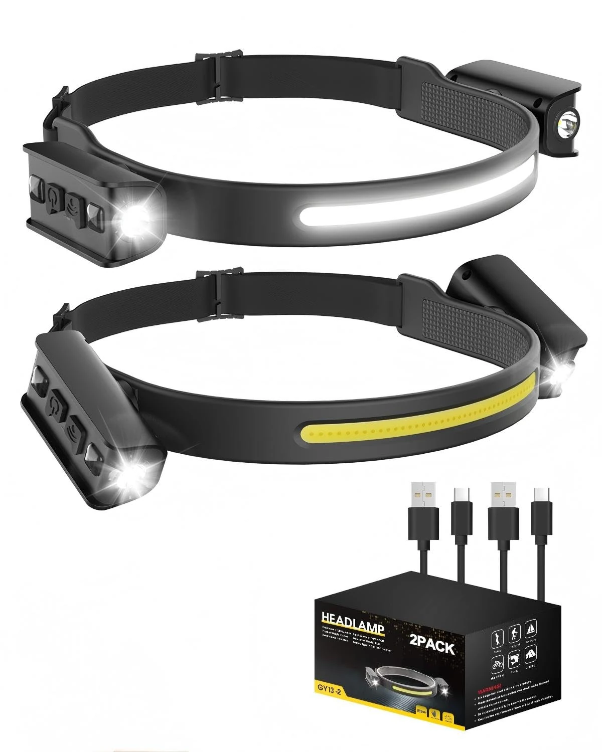 Tekwet 2 Pack Head Torch,Dual Side Lights,230° Wide Beam LED Headlamp with Motion Sensor, 2400mAh Battery, 6 Modes, Waterproof Lightweight Headlight for Camping, Hiking,Running, Fishing,Caving