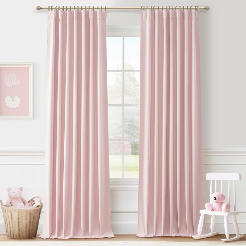 Cute Baby Pink Blackout Curtains 92 Inches Long for Girls Bedroom 2 Panels Set, Textured Linen Pleated Room Darkening Curtain Privacy Thermal Heavy Window Drape for Nursery with Rod Pocket 50"W x 92"L