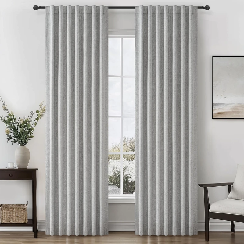 Gray 100% Black Out Linen Curtains 86 Inches Long 2 Panels Set for Kids Boys Room, Country Farmhouse Pleated Ceiling Track Curtain with Rod Pocket Window Drapes Heavy Thermal Privacy for Nursery
