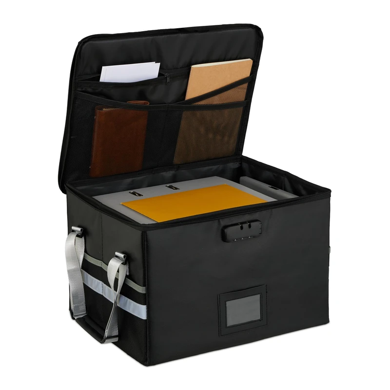 Relaxdays document case, fireproof, waterproof, A4 size, document bag with combination lock, carrying straps, black