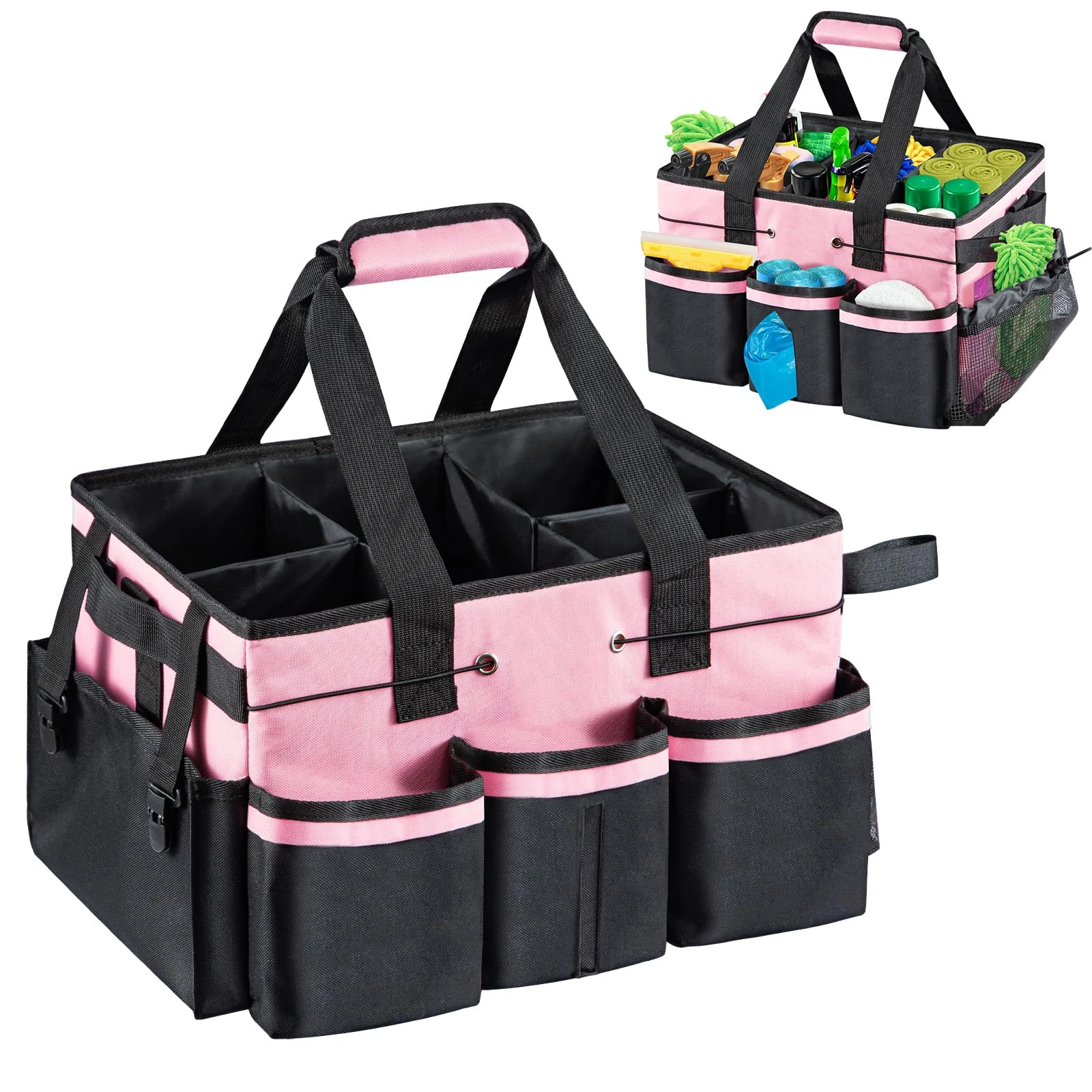 M.J COMFY-LIFE Cleaning Caddy Organizer with Handle, Large Multi-Compartment Cleaning Tote Bag with Removable Dividers, Adjustable Shoulder Strap & Waist Belt for Cleaning Supplies (PINK)