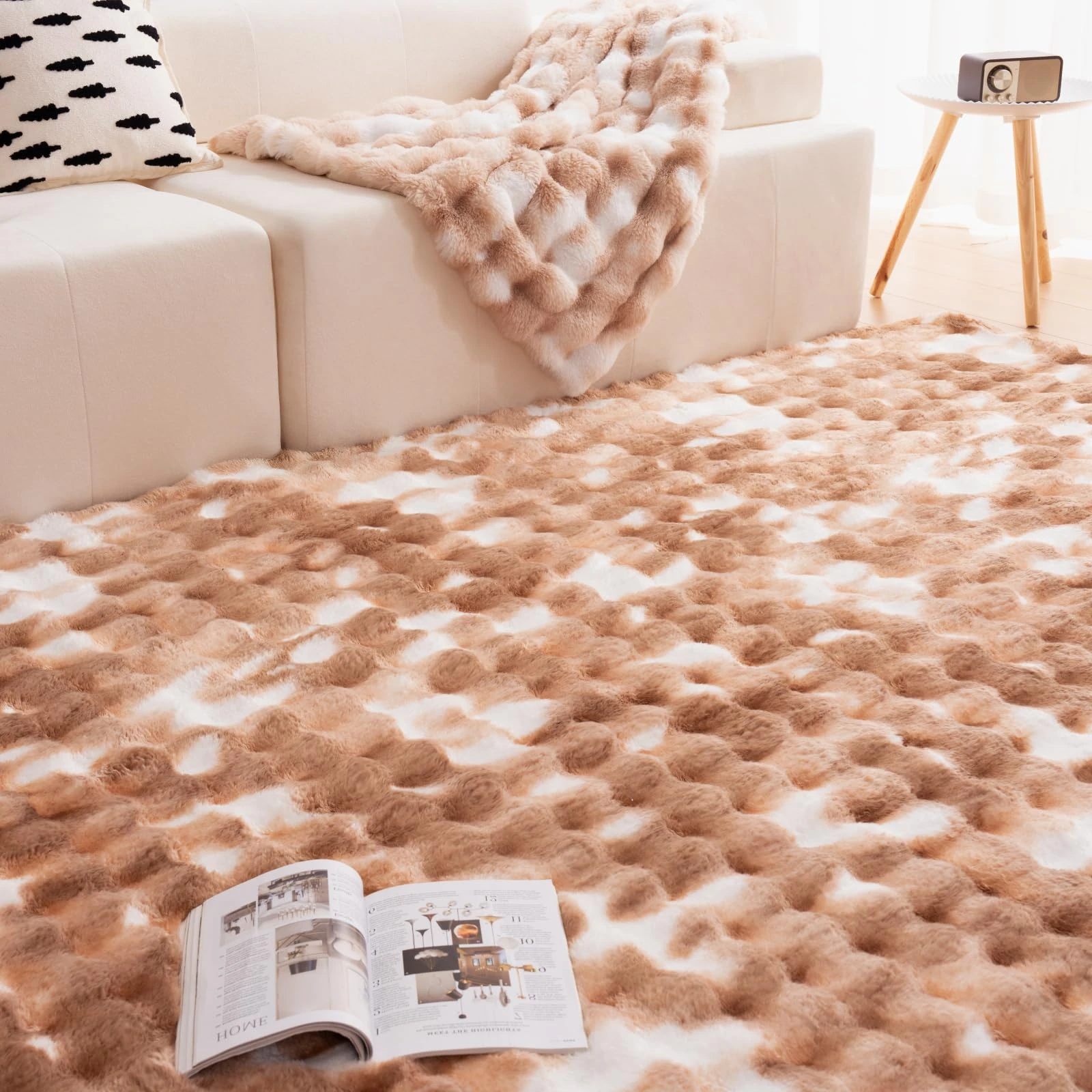 Vamcheer Flannel Bubble Area Rug - Soft Plush Carpet for Living Room Sofa Decor, Thick Fluffy Mat for Bedroom Kids Room Non Slip Non Shedding, Brown, 120 x 170 cm