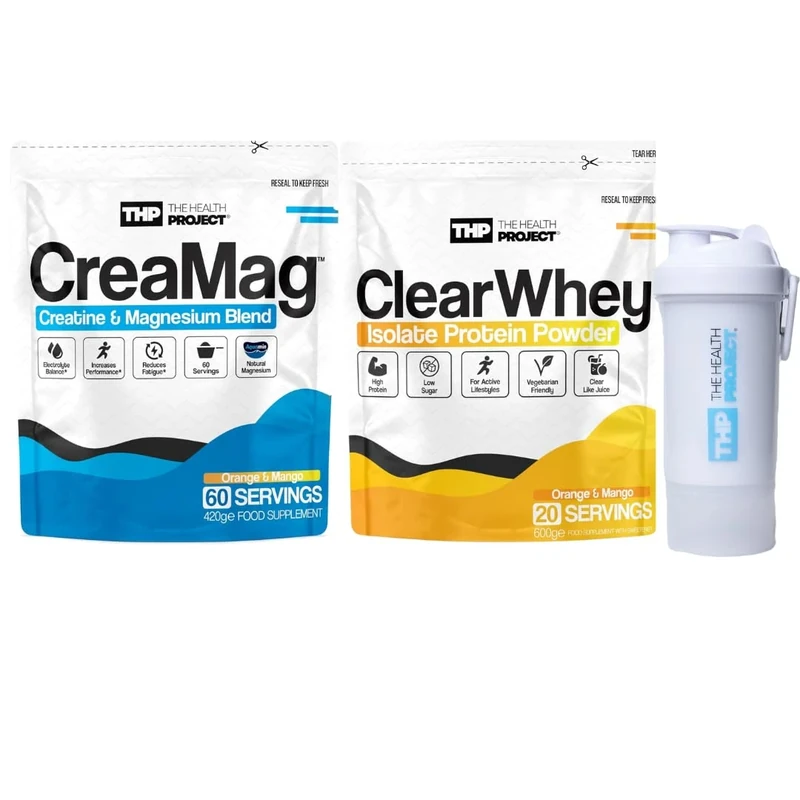 The Health Project Creamag & Clear Whey Isolate Protein Bundle - Magnesium and Creatine Monohydrate Blend, Vegan, Zero Sugar, 420g - Clear Whey Isolate, 600g, Lactose Friendly, Low Calorie