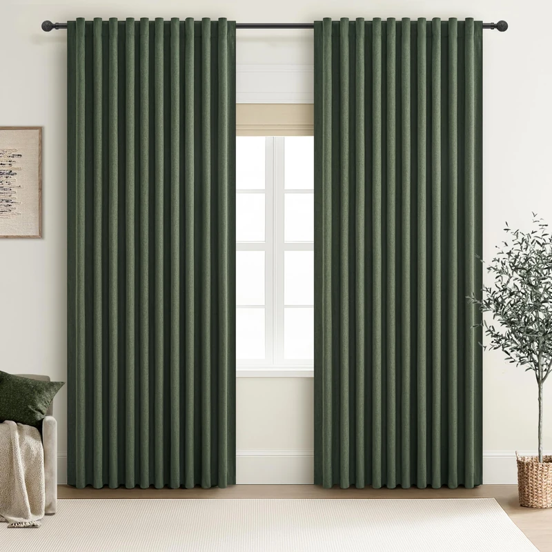 Dark Olive Green Curtains 70 Inch Length Extra Wide Pleated Black Out 96 Inch Long for Living Room, Linen Thick Sliding Glass Door Heavy Duty Insulated Large Window Drapes (70"Wx96"Lx 2Panels Loden)