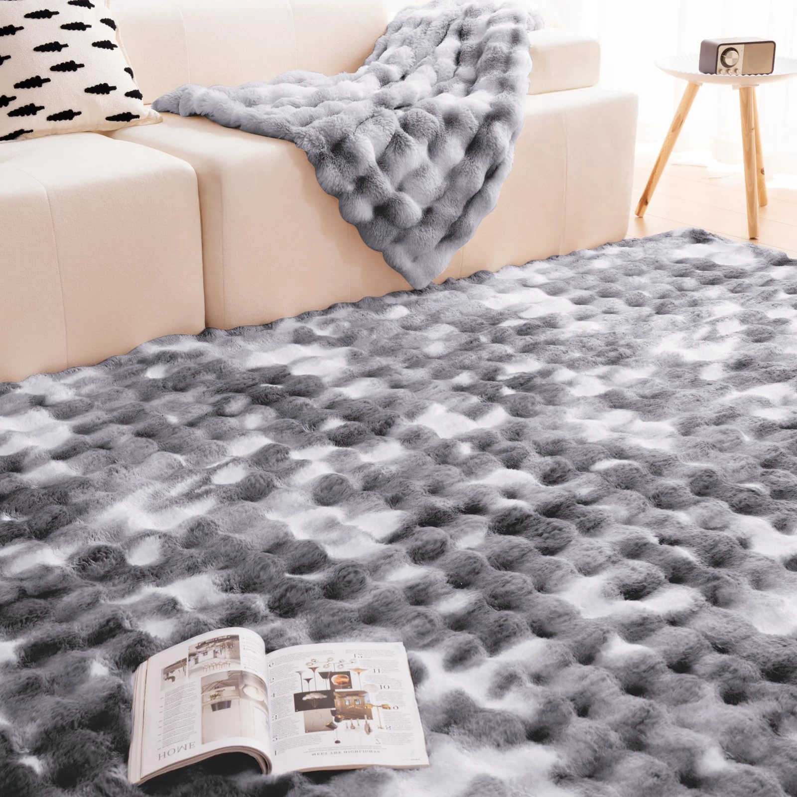 Vamcheer Flannel Bubble Area Rug - Soft Plush Carpet for Living Room Sofa Decor, Thick Fluffy Mat for Bedroom Kids Room Non Slip Non Shedding, Grey, 80 x 150 cm