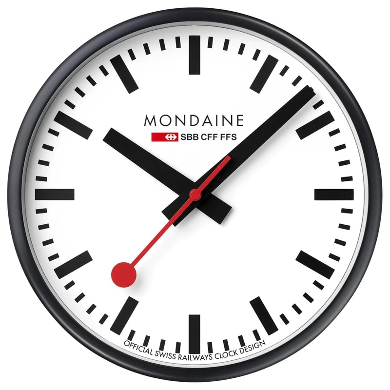 Mondaine Official Swiss Railways 25cm Wall Clock - Classic Design, Black Matte Frame, Silent Red Second Hand, Mineral Crystal, Dust-Resistant, Iconic Home/Office Decor