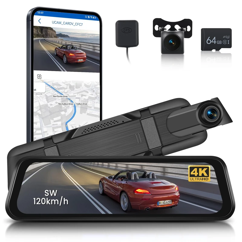 Hodozzy 9.66 Inch Rear View Mirror Dash Cam, 4K Front & 1080P Rear Camera with Slide Adjustable Lens, Full Color Night Vision, WiFi Dash Cam with GPS, ADAS BSD LCA, Loop Recording, 64GB TF Card