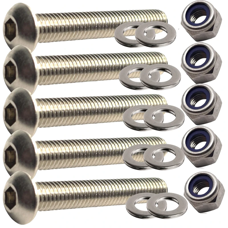 M8 x 70mm Button Head Bolts Set with Nuts and Washers Fully Threaded Socket Made of A2 Stainless Steel (Pack of 5)