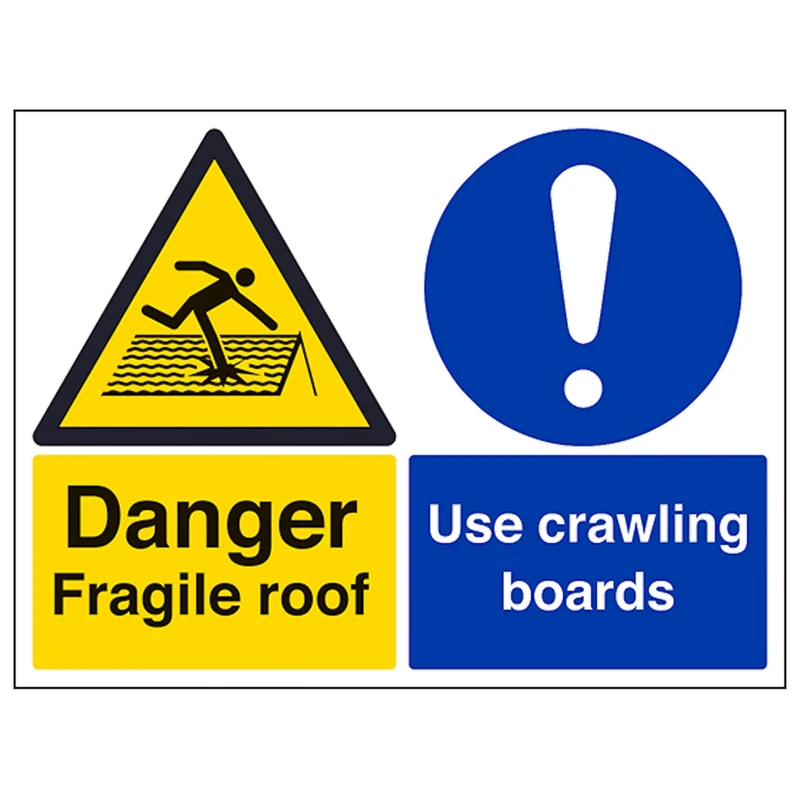 V Safety Fragile Roof/Crawling Boards - Large Landscape 600 x 450 mm - Glow In The Dark Self Adhesive Vinyl Safety Sign
