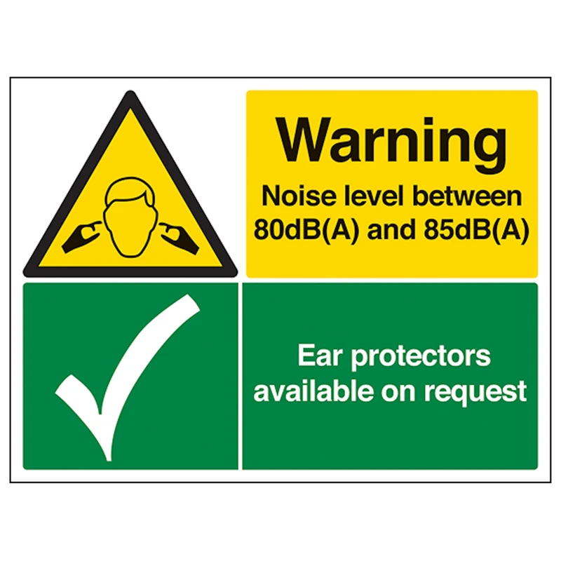 V Safety Noise Level Between 80dB and 85dB/Ear Protectors - Large Landscape 600 x 450 mm - Glow In The Dark Self Adhesive Vinyl Safety Sign