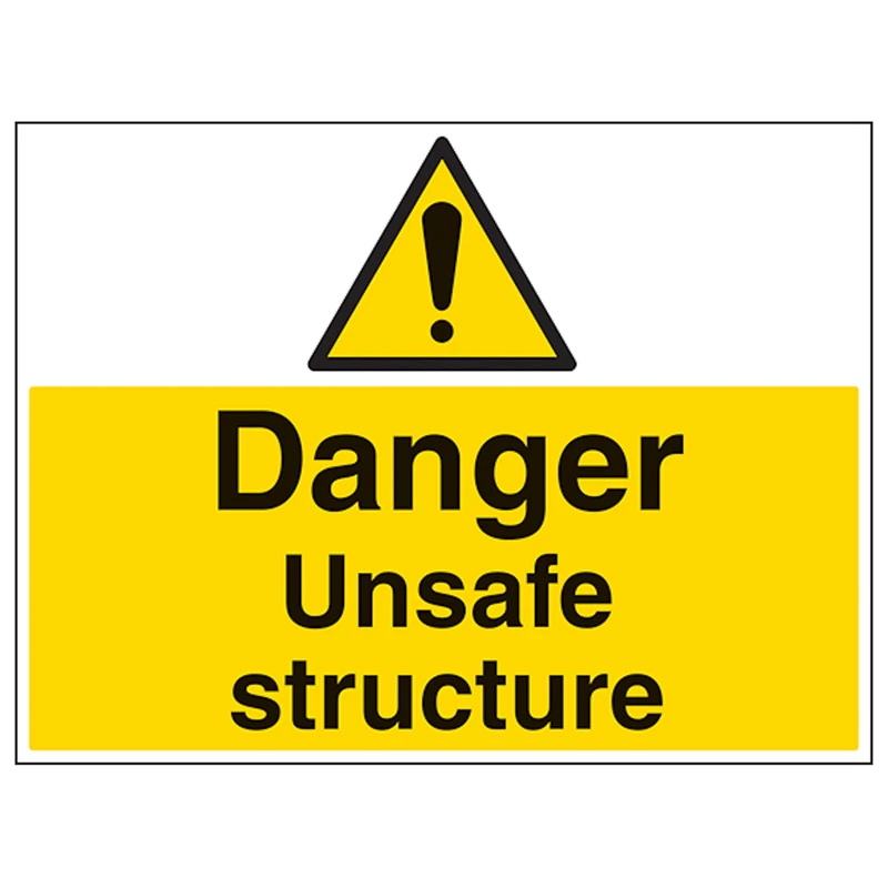 V Safety Danger Unsafe Structure - Large Landscape 600 x 450 mm - Glow In The Dark Self Adhesive Vinyl Safety Sign
