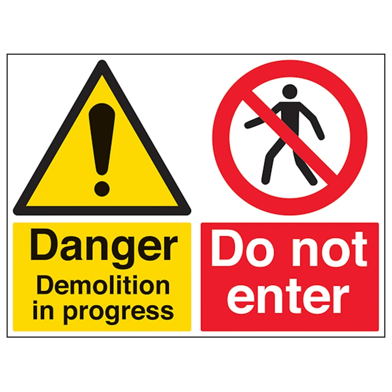 V Safety Danger Demolition/Do Not Enter - Large Landscape 600 x 450 mm - Glow In The Dark Self Adhesive Vinyl Safety Sign