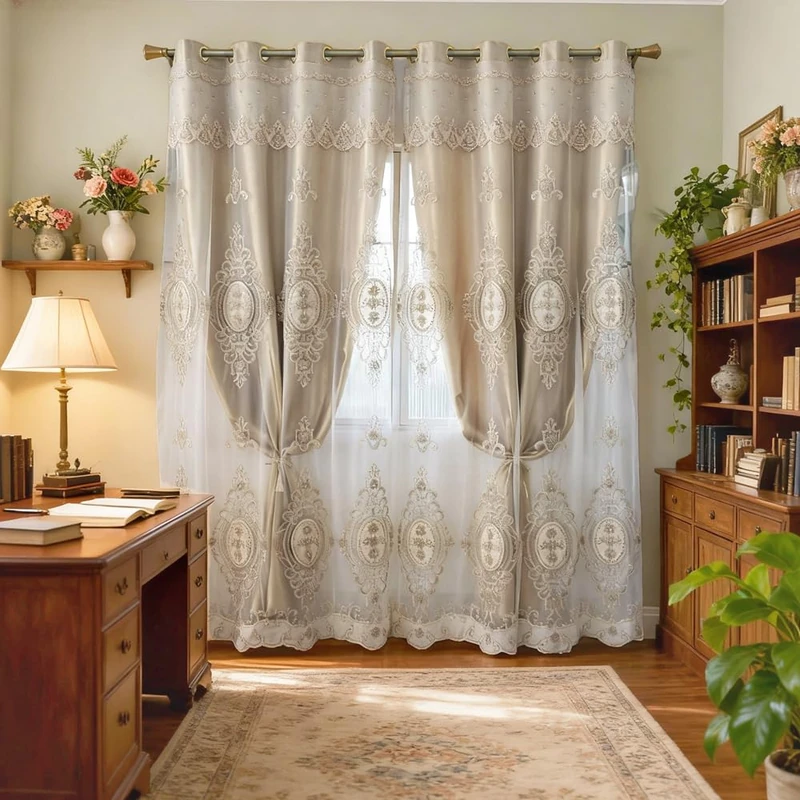 Amidoudou 1 Pair European Double Layer Curtains with Valances for Living Room Bedroom Luxury 3D Flower Embroidered Curtains (Gold,52x84 Inch)