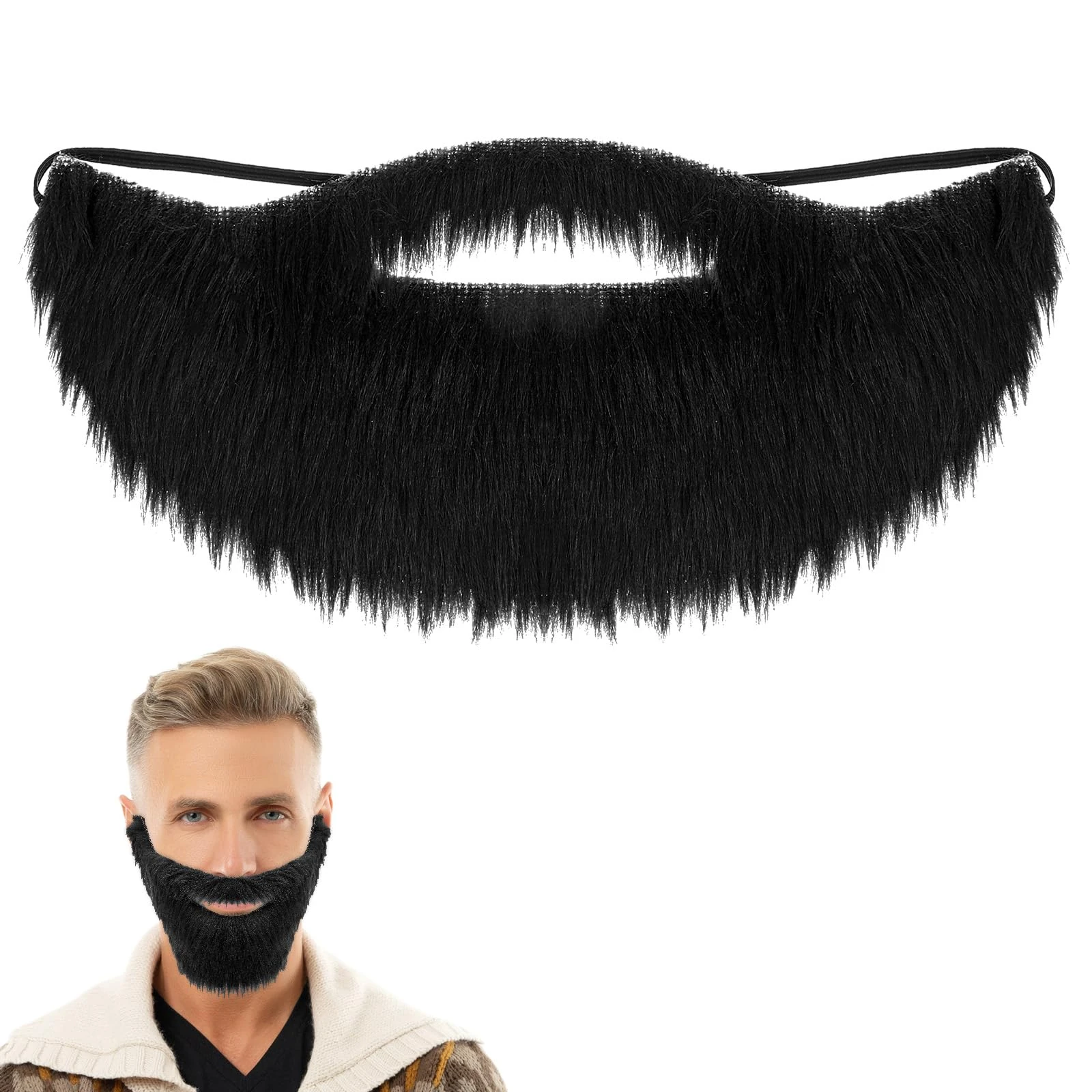 Black Fake Beard Funny Costume Disguise for Men False Beard Facial Hair for Party Cosplay, Holiday Masquerade, Halloween