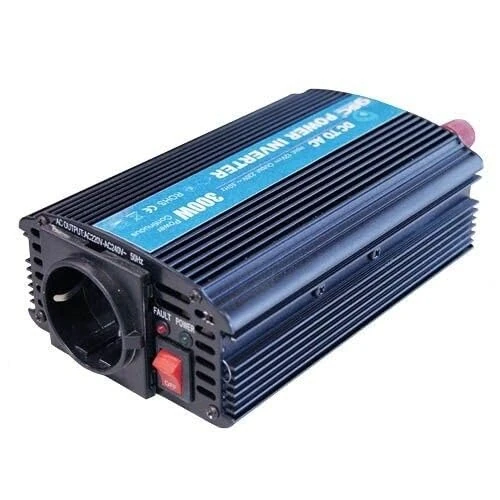 Power inverter 12V/230V 300W, converts power for electrical devices and recharges batteries in vehicles or campsites.