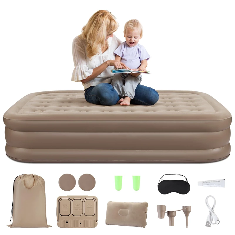 DEWINNER Single Air Bed,Single Inflatable Mattress with Built-in Electric Pump and 1*Pillow,Quick 3-Min Inflation/Deflation,Blow Up Bed,Flocked Surface,Bed for Home,Camping and Guests(90x190x40)